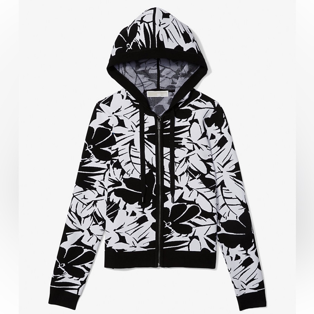 Michael Kors Palm Jacquard Black and White Cropped Zip Up Hoodie